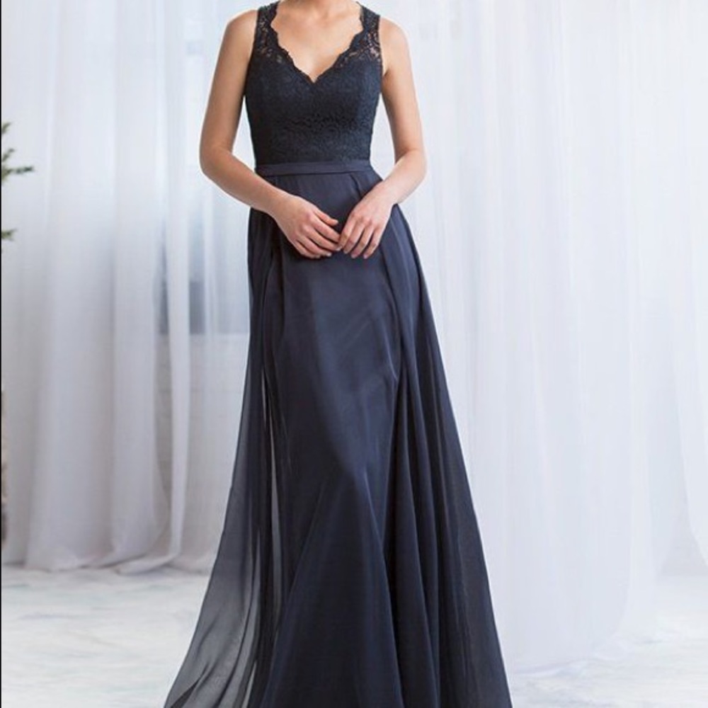 Belsoie cobalt midnight blue lace chiffon dress